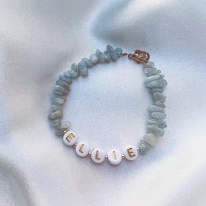 Aquamarine March Birthstone Crystal Bracelet Personalized Customizable Name Natural Semi Precious Gem, Child and/or Adult, Birthday Gift