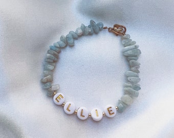 Aquamarine March Birthstone Crystal Bracelet Personalized Customizable Name Natural Semi Precious Gem, Child and/or Adult, Birthday Gift