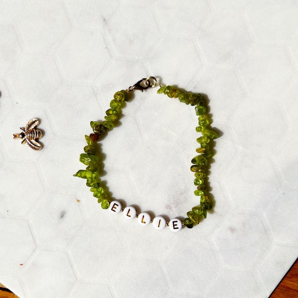 Peridot Birthstone Crystal Bracelet with Personalized Customizable Name Natural Semi Precious, Child and/or Adult, August Birthday Gemstone
