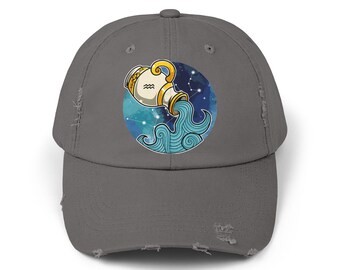 Aquarius Zodiac Distressed Dad Hat: Astrology Gift