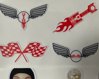 Race Car Sticker Pack: F1 Nascar, Checker Flag, Piston Decals