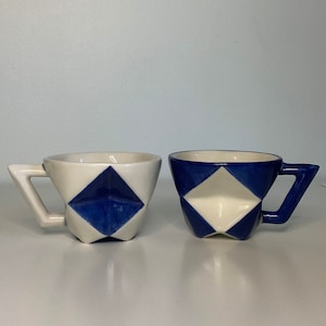 Handmade Ceramic Coffee Cups, Tea Mugs, Cubist, Black and White