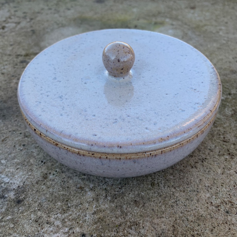 Peut inclure: Un plat en c&eacute;ramique blanche avec un couvercle. Le couvercle a un petit bouton sur le dessus. Le plat a un gla&ccedil;age mouchet&eacute; et un bord brun.