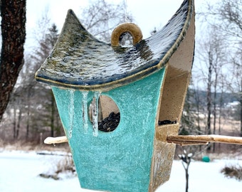 Handmade Ceramic Bird Feeder: Turquoise Glazed Pottery Garden Ornament