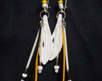 Porcupine Quill Earrings with Bone Feather Accents