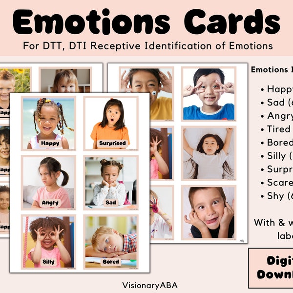 Emotion Cards for DTT, Discrete Trial Training, for ABA Therapy, Autism, Receptive ID of Emotions