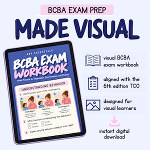 May include: A digital tablet displays a BCBA Exam Workbook with the text 'Understanding Behavior' and illustrations of a person blowing bubbles. Beside it, icons represent a visual workbook, 6th edition TCO alignment, and digital download.