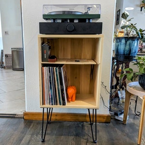 Handmade Solid Wood Vinyl Record Player Stand with Hairpin Legs (Holds 75+ records!)