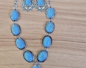 Turquoise Earrings Turquoise Necklace Gift Set Bohemian Chic Silver Handmade NEW