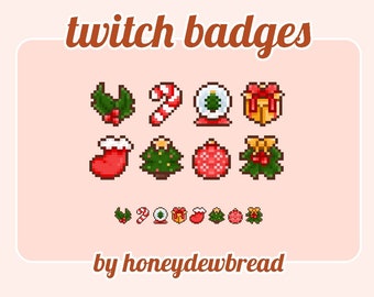 May include: A set of 12 Christmas-themed Twitch badges featuring pixel art designs of holly, candy canes, ornaments, stockings, Christmas trees, and gift boxes. The text "twitch badges" and "by honeydewbread" are also included in the image.