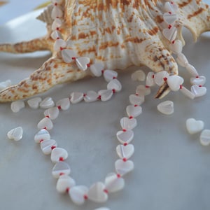 Beautiful 20&quot; Mother of Pearl Hearts Hand Knotted on Red Silk. Sterling Silver Lobster Clasp. A Great Valentine&#39;s Day Gift For Her