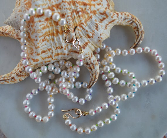Luxurious Freshwater Pearls Hand Knotted on Multi-colored Silk