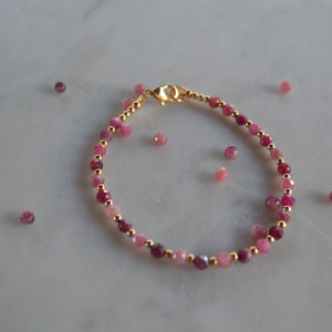 Berry Pink Tourmaline and 18K Gold Filled Bead Bracelet. 7 1/2". 4mm Gemstones. Dainty & Ultra Feminine