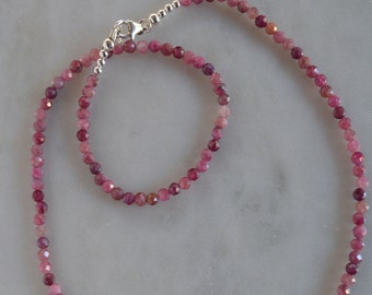 Pink Tourmaline Beaded Necklace, Sterling Silver Clasp, Berry Color Gemstone