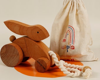 Rabbit Pull Toy | Personalized Wooden Montessori Toys | Handmade, Natural | Organic Gifts for Baby, Toddler, Kids, Boys and Girls