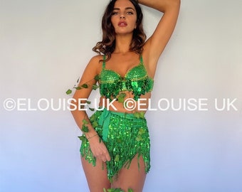 Poison Ivy Outfit Poison Ivy Costume Green Sequin Co Ord Sequin Two Piece Bra & Skirt Sequin Sarong Halloween Outfit Halloween Costume