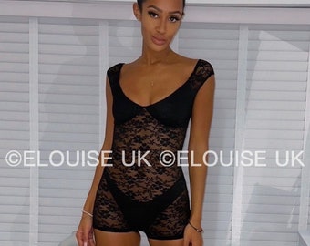 Black Lace Playsuit Fishnet Floral Festival Playsuit Romper Festival Rave Outfit