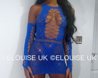 Blue Fishnet Diamanté Dress Crochet Dress Rhinestone Dress Mesh Dress Sheer Dress With Gloves Festival Dress Festival Outfit Rave Outfit