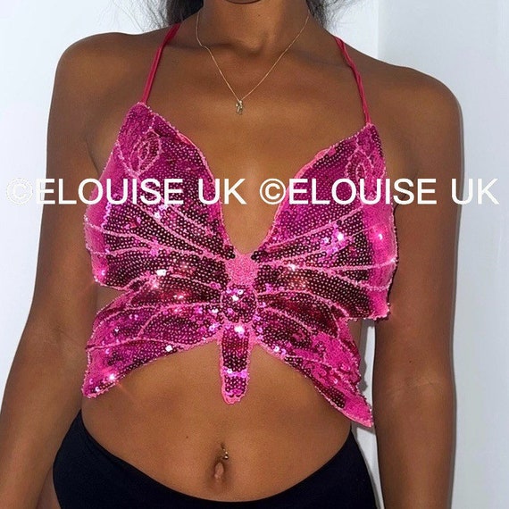 Pink Sequin Crop Top Butterfly Crop Top Festival Bra Festival Clothing  Women Festival Outfit Rave Outfit 