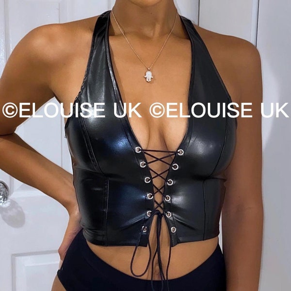Black Leather Look Lace Up Crop Top Tie Up Top PVC Wet Look Top Festival Outfit Rave Outfit