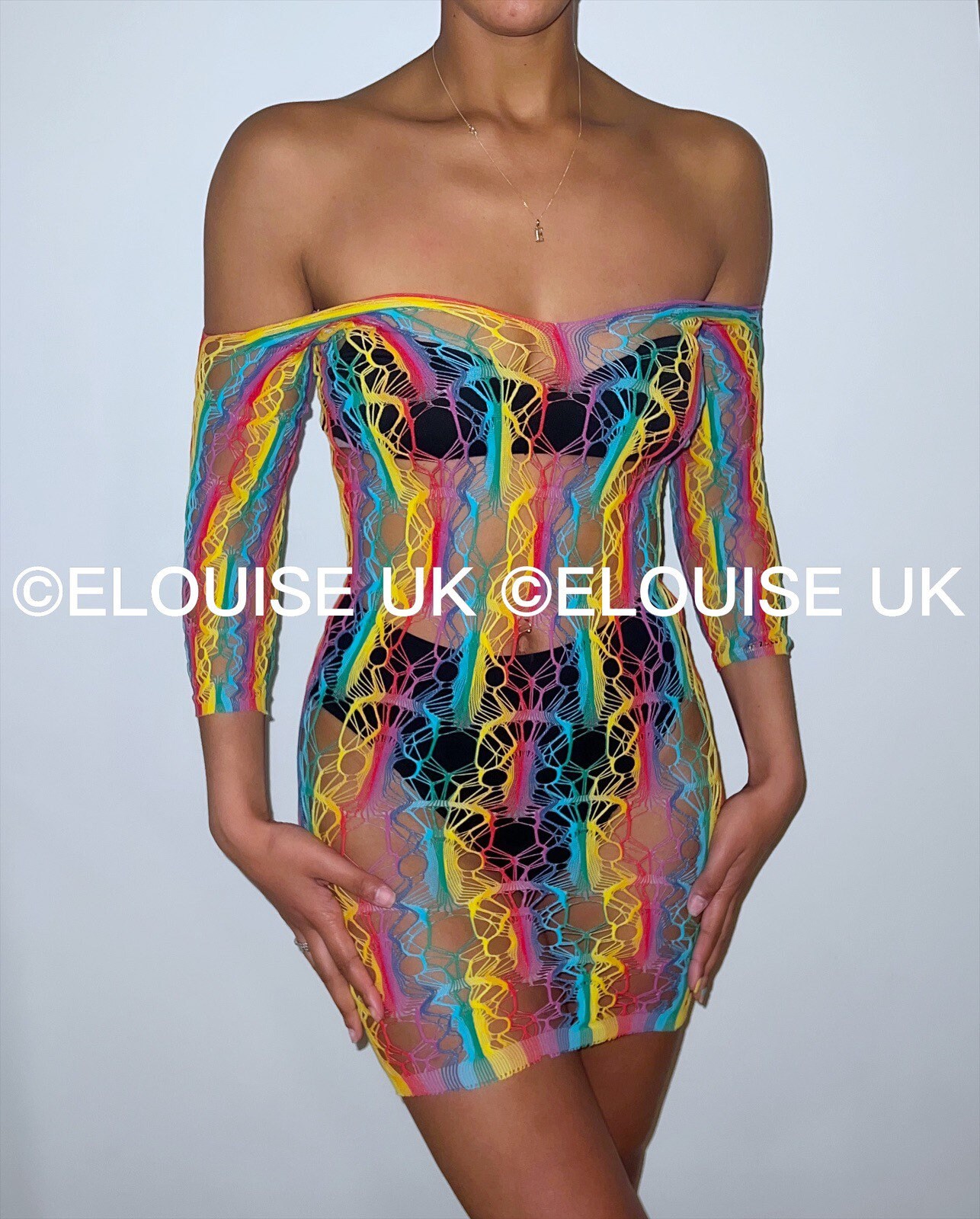 Rainbow Fishnet Long Sleeve Dress Stripe Dress Mesh Dress Sheer