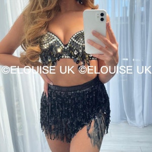 Black Sequin Co Ord Sequin Two Piece Bra &  Skirt Sequin Sarong Fringe Glitter Skirt Festival Two Piece Co Ord Festival Outfit Rave Outfit