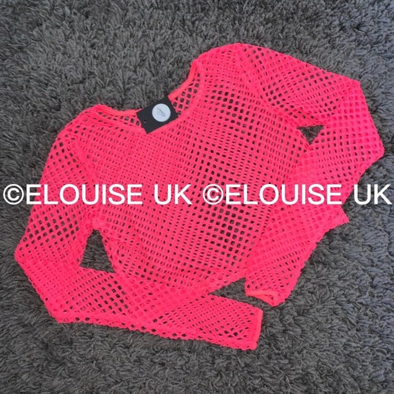Neon Pink Fishnet Crop Top Long Sleeve 