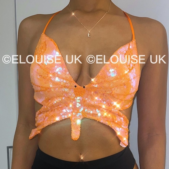 Orange Sequin Crop Top Butterfly Crop Top Festival Bra Festival Clothing  Women Festival Outfit Rave Outfit 