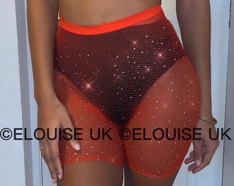 Red Rhinestone Fishnet Shorts Festival Shorts Red Fishnet Diamanté Shorts Festival Shorts Festival Outfit Rave Outfit