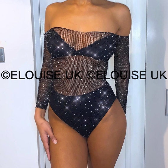 Black Rhinestone Fishnet Bodysuit Glitter Crystal - Etsy Israel