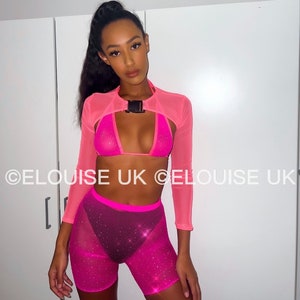 Three Piece Festival Outfit, Rave Wear, Womens Rave Outfit, Womens Festival  Outfit, Mesh Crop Top, High Waisted Knickers, Shorts, Tie up Top 