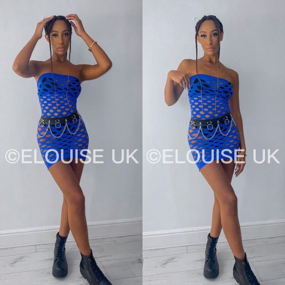 Blue Fishnet Dress Bandeau Hole Dress Fishnet Dress Mesh Dress