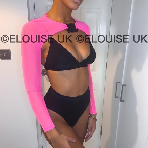 Neon Pink Mesh Long Sleeve Buckle Crop Top Mesh Crop Top Festival