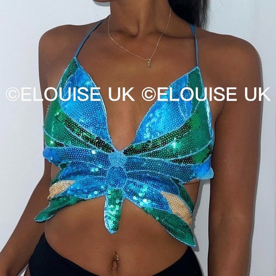 Blue & Green Sequin Crop Top Butterfly Crop Top Festival Bra Festival  Clothing Women Festival Outfit Rave Outfit -  Canada