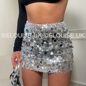 Womens Festival Skirt Rave Outfit Sequin Skirt Festival Silver Sparkly Skirt Rave Wear