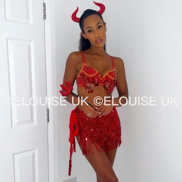 Devil Outfit Devil Costume Red Sequin Co Ord Sequin Two Piece Bra &  Skirt Sequin Sarong Halloween Outfit Halloween Devil Costume