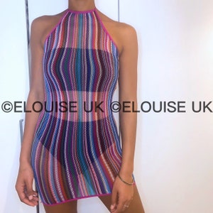 Rainbow Fishnet Dress Stripe Dress Halter Dress Mesh Dress Sheer Festival Dress Festival Clothing Women Festival Outfit Rave Outfit