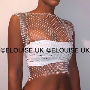 White Rhinestone Sparkle Diamanté Mesh Top Diamanté Cover Up Black Mesh Crop Top Festival Top Festival Outfit Rave Outfit