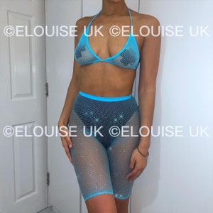 Blue Fishnet Two Piece Rhinestone Two Piece Rhinestone Co Ord Crystal Fishnet Bra & Shorts Festival Outfit Rave Outfit