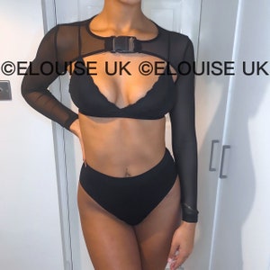 Black Mesh Long Sleeve Buckle Crop Top Mesh Crop Top Festival Top Festival Outfit Rave Outfit image 2