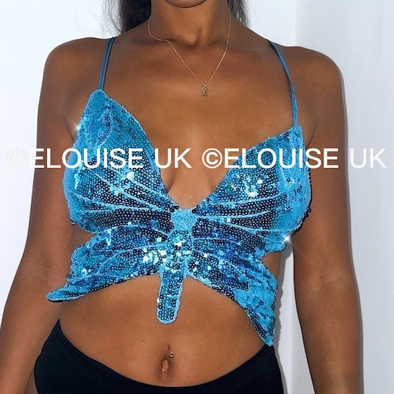 Y2K All Blue Sequin Butterfly Top, Dancing Rave Festival Summer