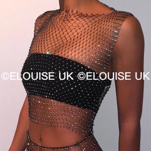 Black Rhinestone Sparkle Diamanté Mesh Top Diamanté Cover Up Black Mesh Crop Top Festival Top Festival Outfit Rave Outfit