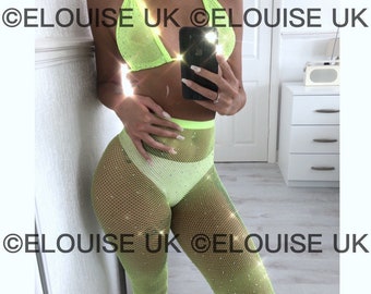 Lime Rhinestone Fishnet Two Piece Diamanté Crystal Glitter Festival Co Ord Two Piece Festival Outfit Rave Outfit