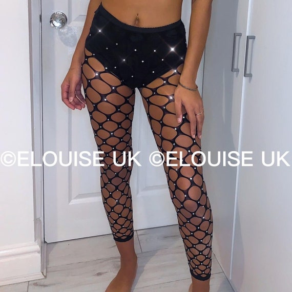 Black Cut Out Diamanté Bottoms Crystal Leggings Diamanté Trousers