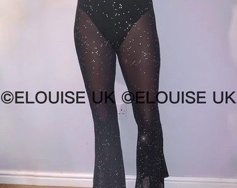 Black Rhinestone Mesh Flares Black Diamanté Trousers Festival Trousers Festival Outfit Rave Outfit