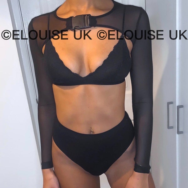 Black Mesh Long Sleeve Buckle Crop Top Mesh Crop Top Festival Top Festival Outfit Rave Outfit