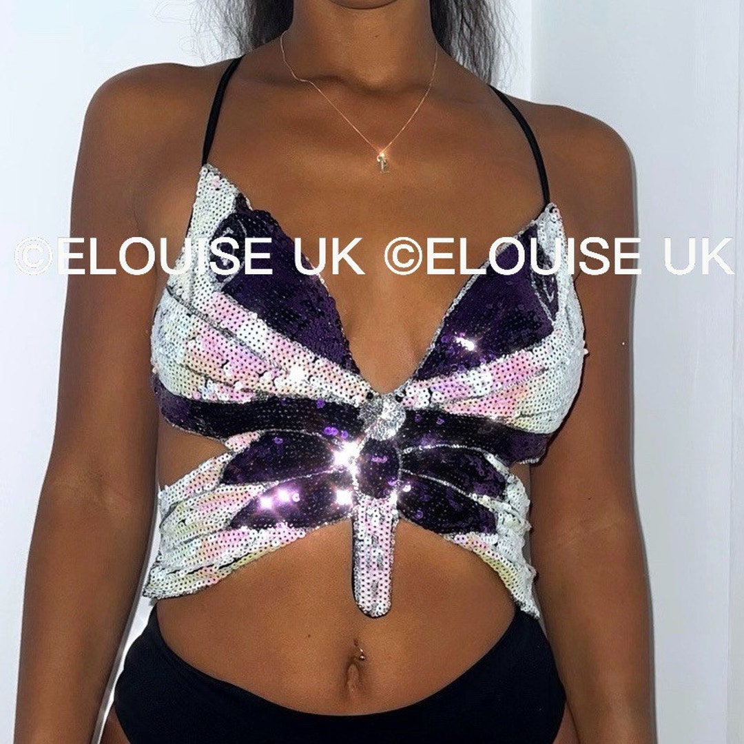 Pink Sequin Crop Top Butterfly Crop Top Festival Bra Festival Clothing  Women Festival Outfit Rave Outfit 