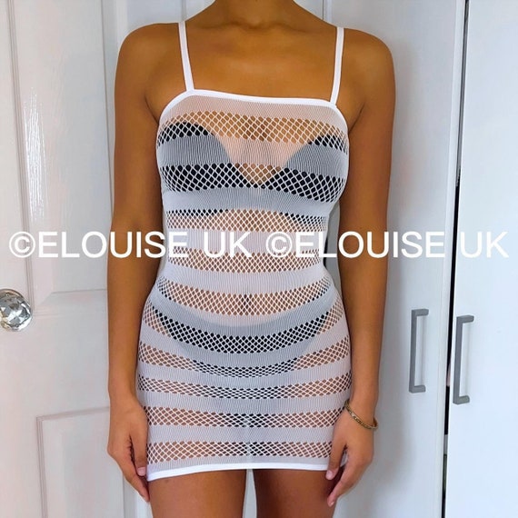 White Fishnet Dress Stripe Dress Mesh ...