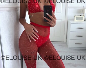 Red Rhinestone Fishnet Two Piece Diamanté Crystal Glitter Festival Co Ord Two Piece Festival Outfit Rave Outfit