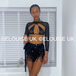 Black Mesh Long Sleeve Buckle Crop Top Mesh Crop Top Festival Top Festival Outfit Rave Outfit image 7